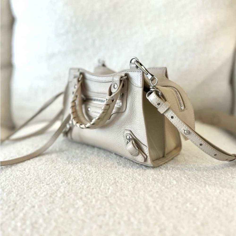 Auth LIKE NEW Balenciaga Neo mini Cream calfskin Leather Handbag 2 way strap - Picture 4 of 14